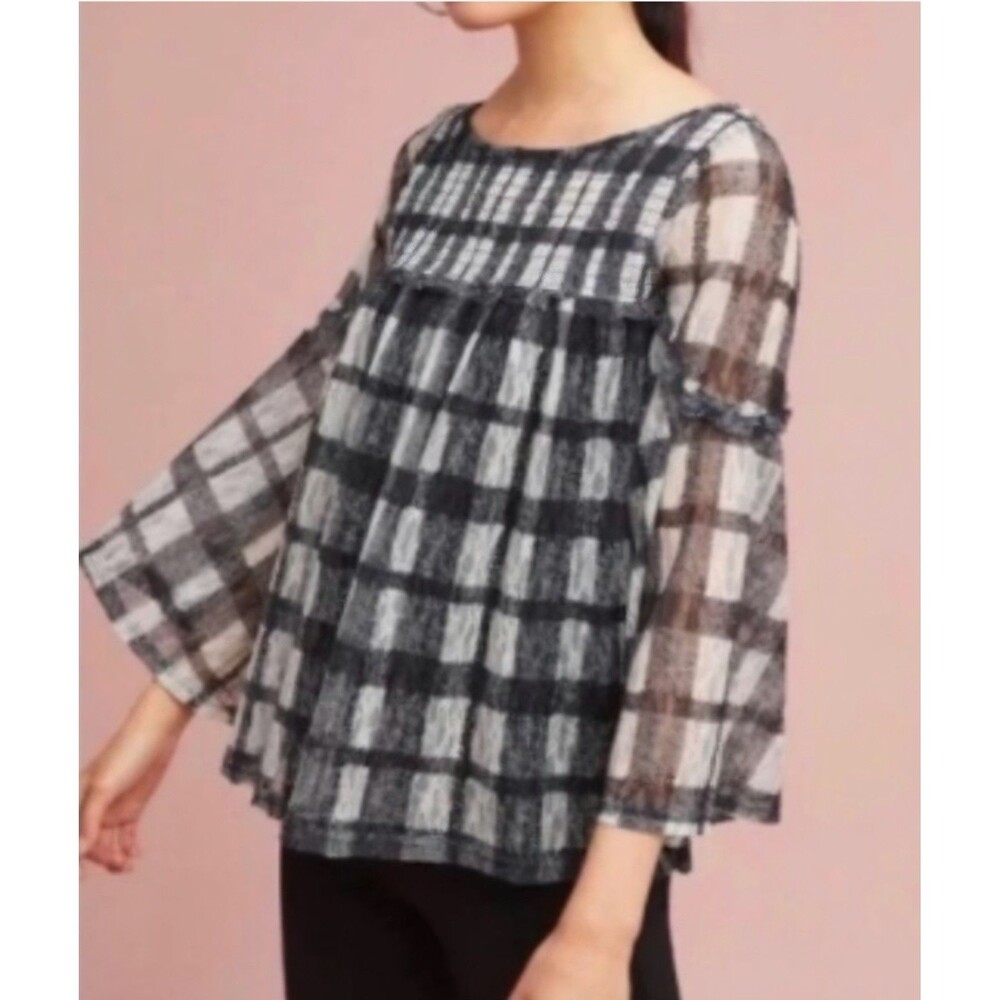 Anthropologie Akemi + Kin Patrizia Lace Plaid Blouse Flare Sleeves Size Medium - Picture 7 of 8